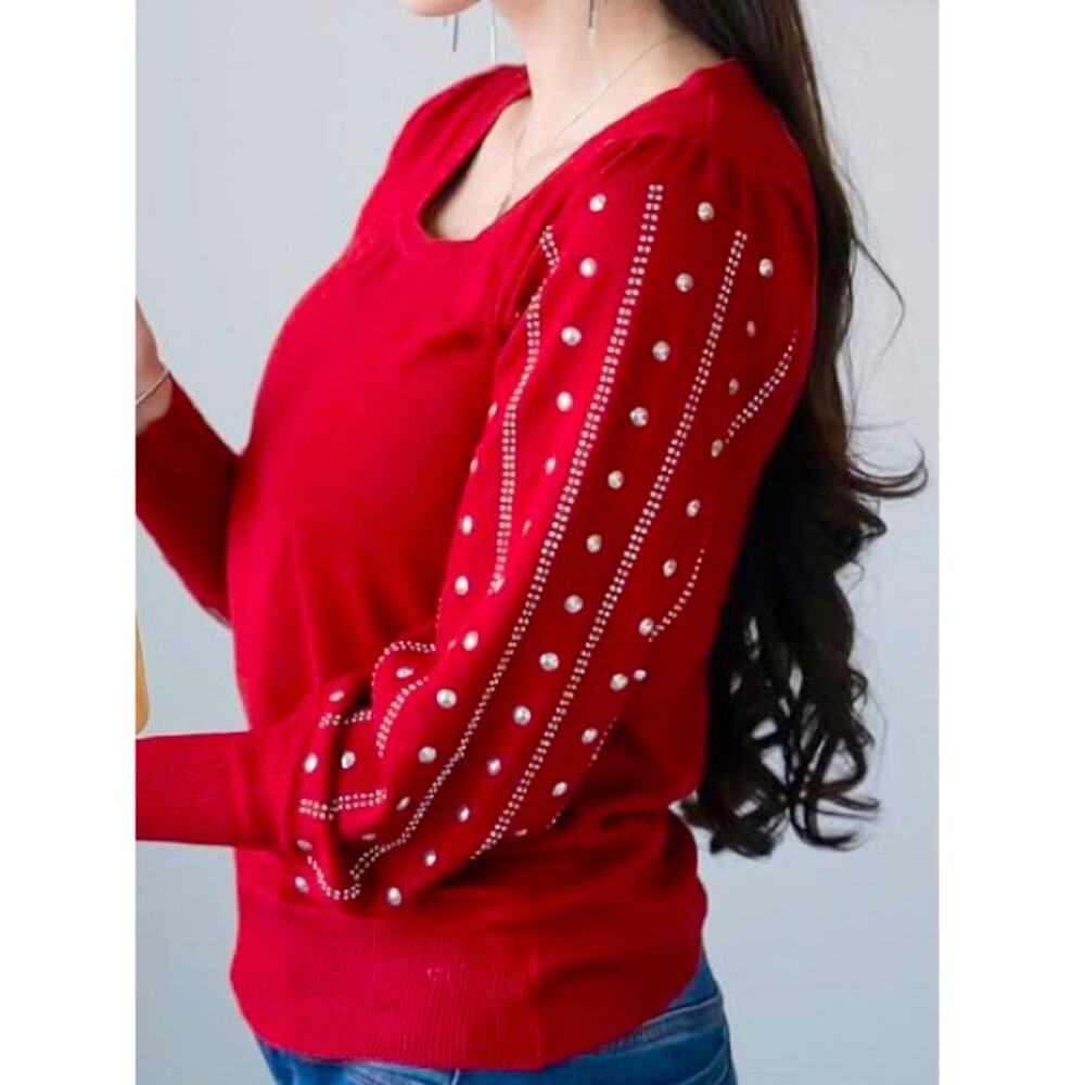 Carmen Carmen Marc Valvo Red Silver Rhinestone Embellished Sleeves Top, Size M